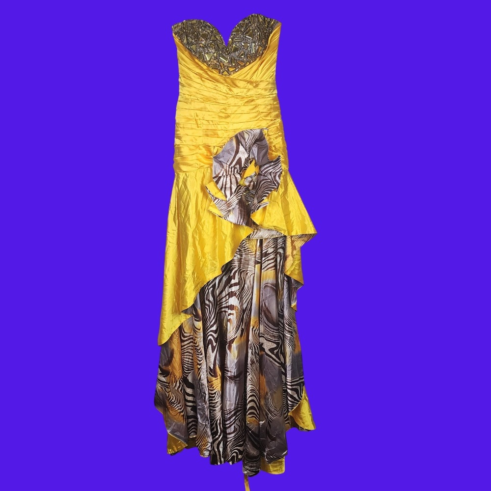 Riva Designs Formal Gown Womens 8 Yellow Beaded Animal Print High Low Prom Dress